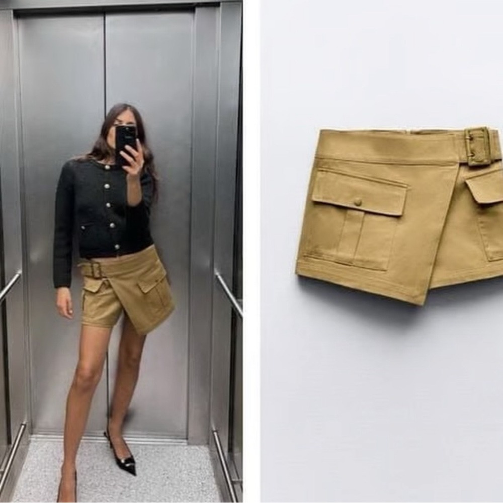 ZARA Belted Cargo Skort Tan Wrap Style‎ Utility Pockets XS y2k boho glam whimsi